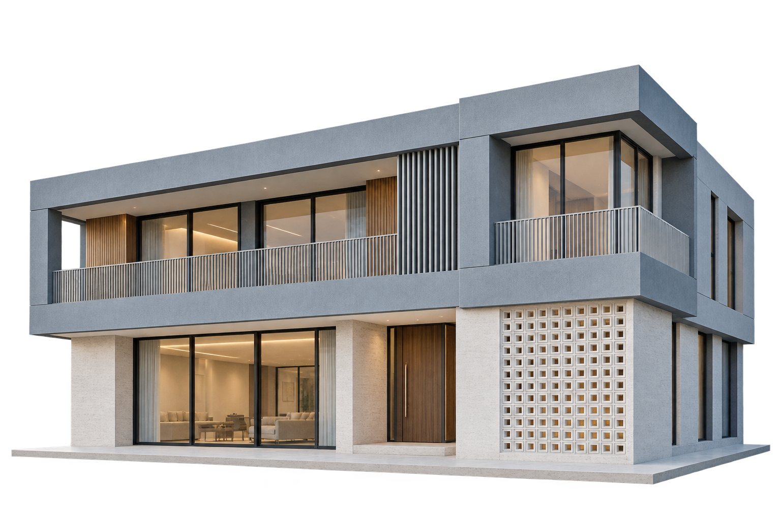 Architectural concept of a modern two-storey home with expansive windows and a sculptural facade